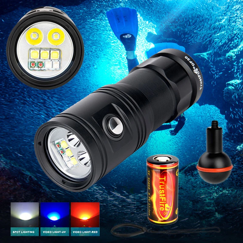 

DF30 Underwater 100m waterproof LED diving tactical flashlight 2350 Lumens photography Video fill light with 32650 charger