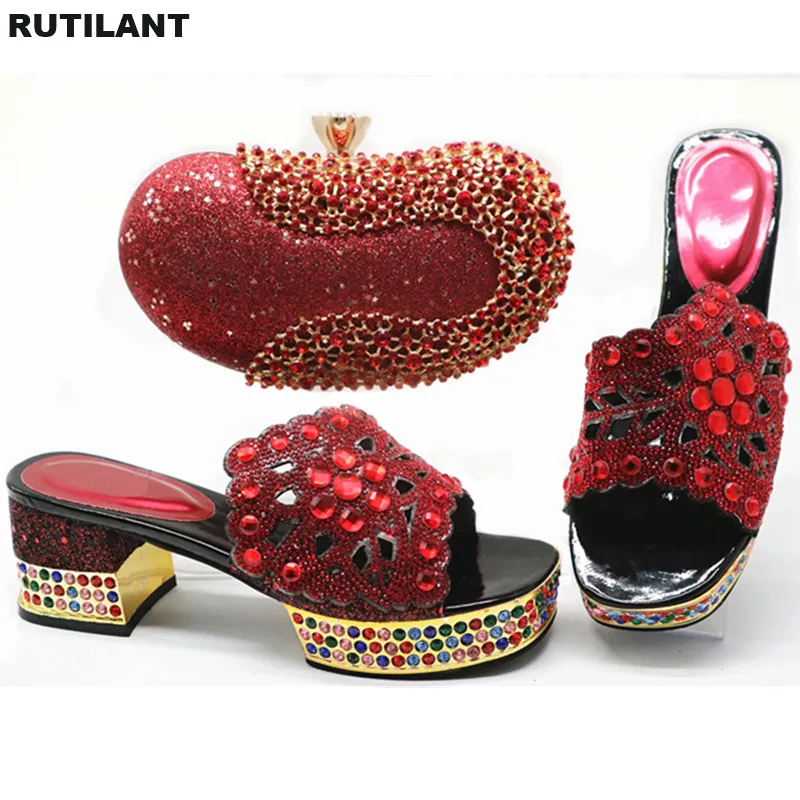 

New Arrival Nigerian Style Shoes and Bag Set Decorated with Rhinestone Ladies Sandals with Heels African Women Pumps High Heels