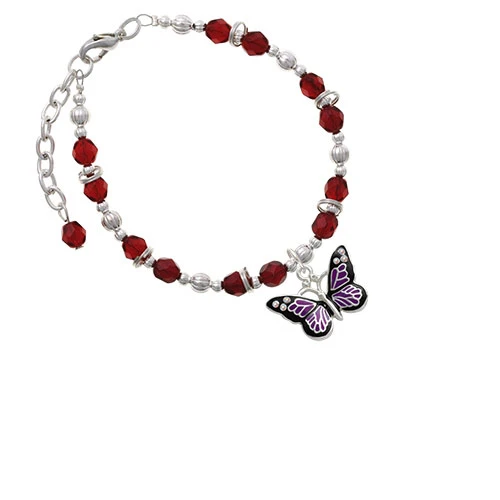 Silvertone Large Purple Butterfly with 6 AB Crystals Maroon Beaded Bracelet