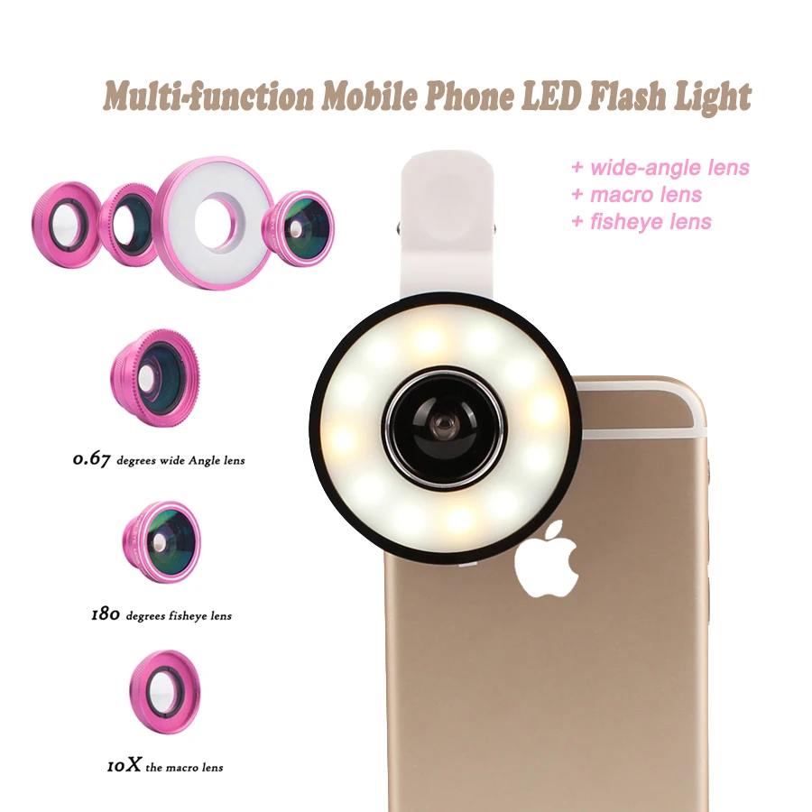 

Mobile Phone LED Flash Light Adjustable Fill Beauty Selfie Ring light + Wide Angle Macro Fisheye Lens for iPhone Samsung Camera