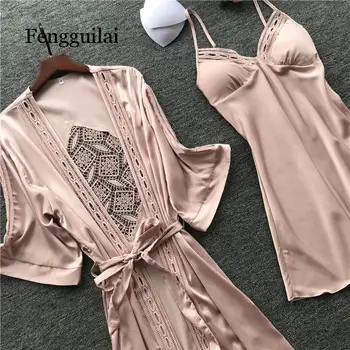 

Women Robe Gown Sets Sexy Lace Sleep Lounge Pijama Long Sleeve Ladies Nightwear Bathrobe Night Dress With Chest Pads