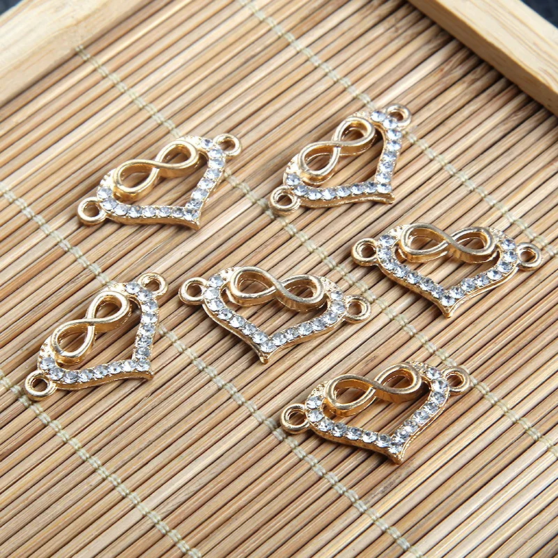 10pcs/lot Pretty Gold Crystal Rhinestone Heart Love Connector Design