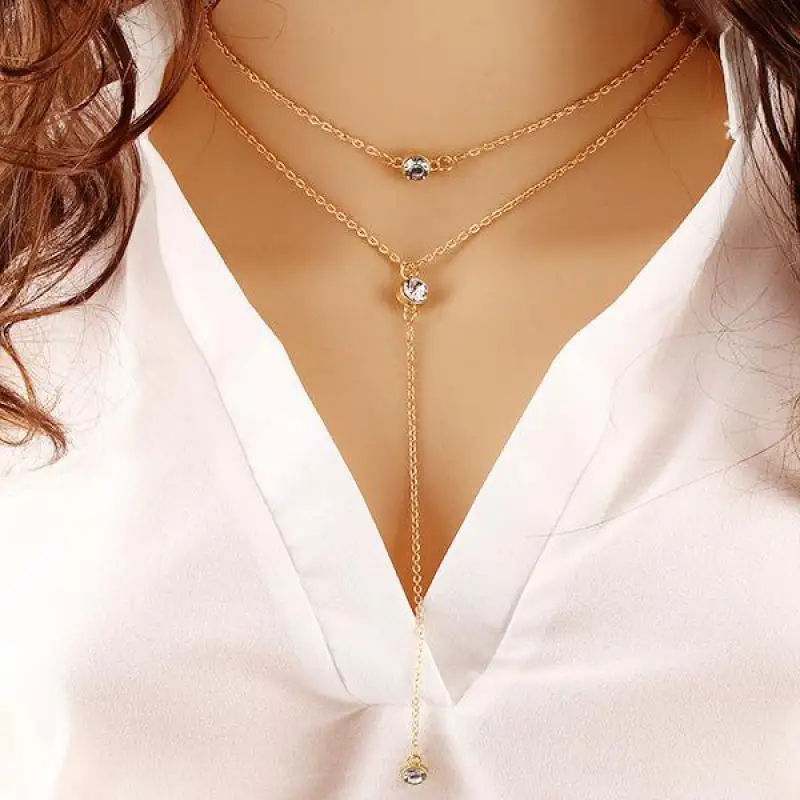 Collar oro y cristal para mujer, cadena doble multicapa, llamativos, colgantes, joyería de de imitación de verano -