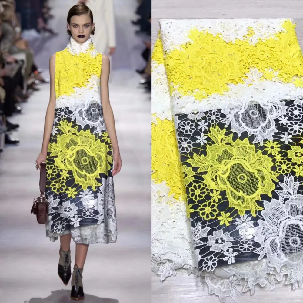 

African lace fabric 5yds/pce dhl yellow&white water soluble cotton material women gorgeous luxury party event dress 2019 new