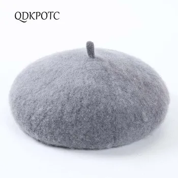 

QDKPOTC Hot Sell 2018 Fashion New Women Wool Solid Color Beret Winter Warm Pumpkin Hat Wild Korean version Painter cap
