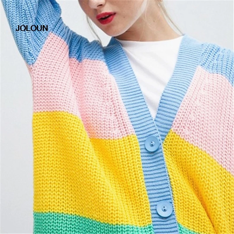 Colouful Stripe Long Cardigan Women Knitted Sweater Casaco Feminino Chaqueta Mujer Winter Streetwear Maglioni Donna Sueter