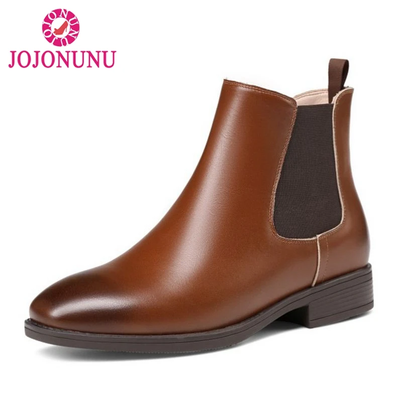 

JOJONUN British Style Women Genuine Leather High Heel Boots Warm Shoes Women Patchwork Half Short Boot Women Footwear Size 33-40