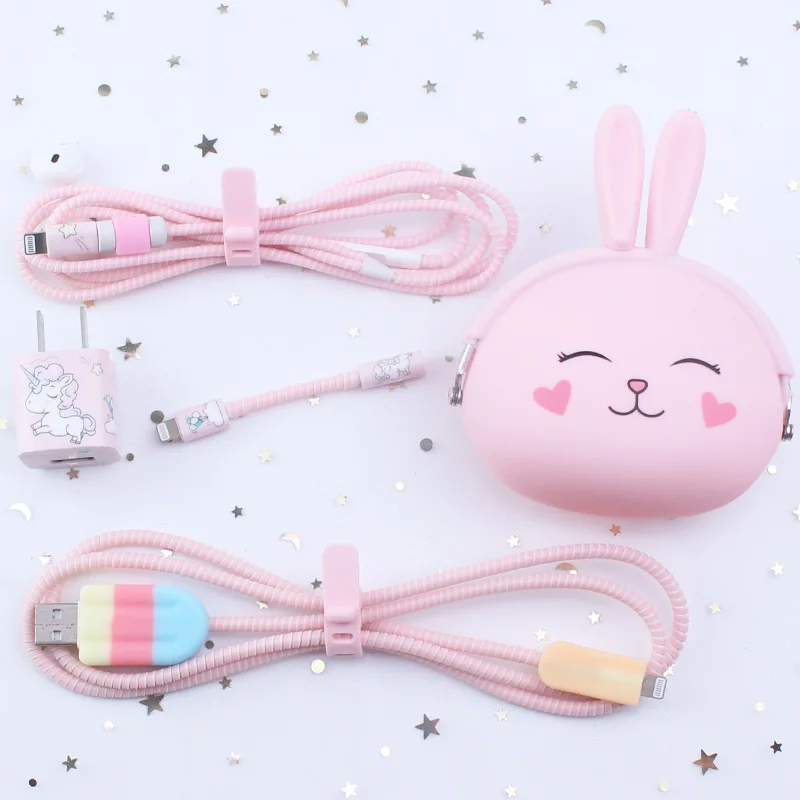 Cena Śliczne usb z postacią z kreskówki kabel zestaw ochronny na słuchawki z oplot na kable naklejki spiralna osłonka na kabel dla iPhone 6 6s 7 8 Plus X XR