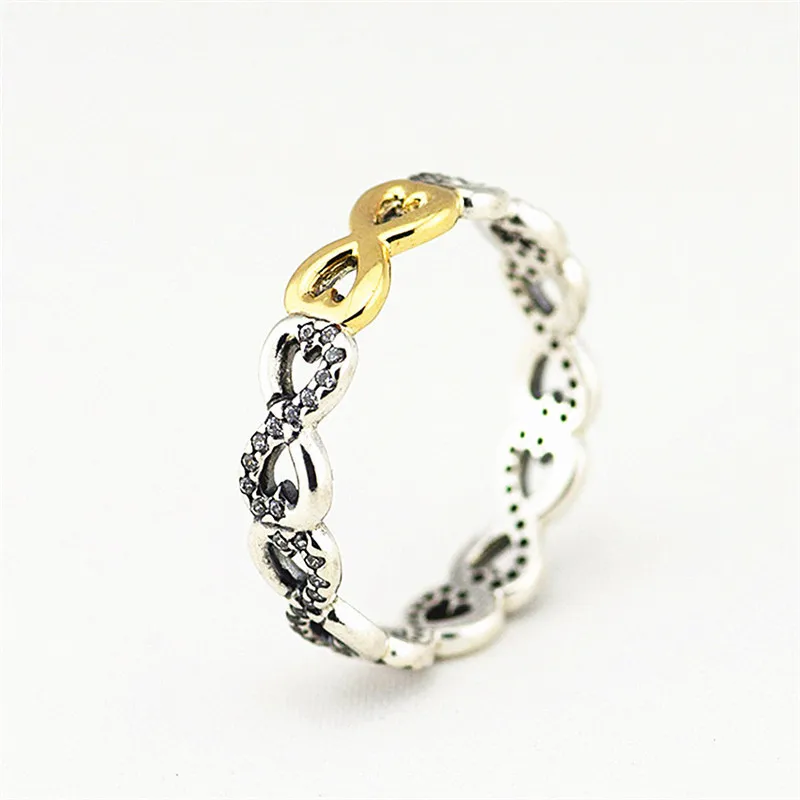 

Authentic 925 Sterling Silver Infinity Ring With 14k Real Gold & Clear CZ for Women DIY Fine Jewelry SR048K