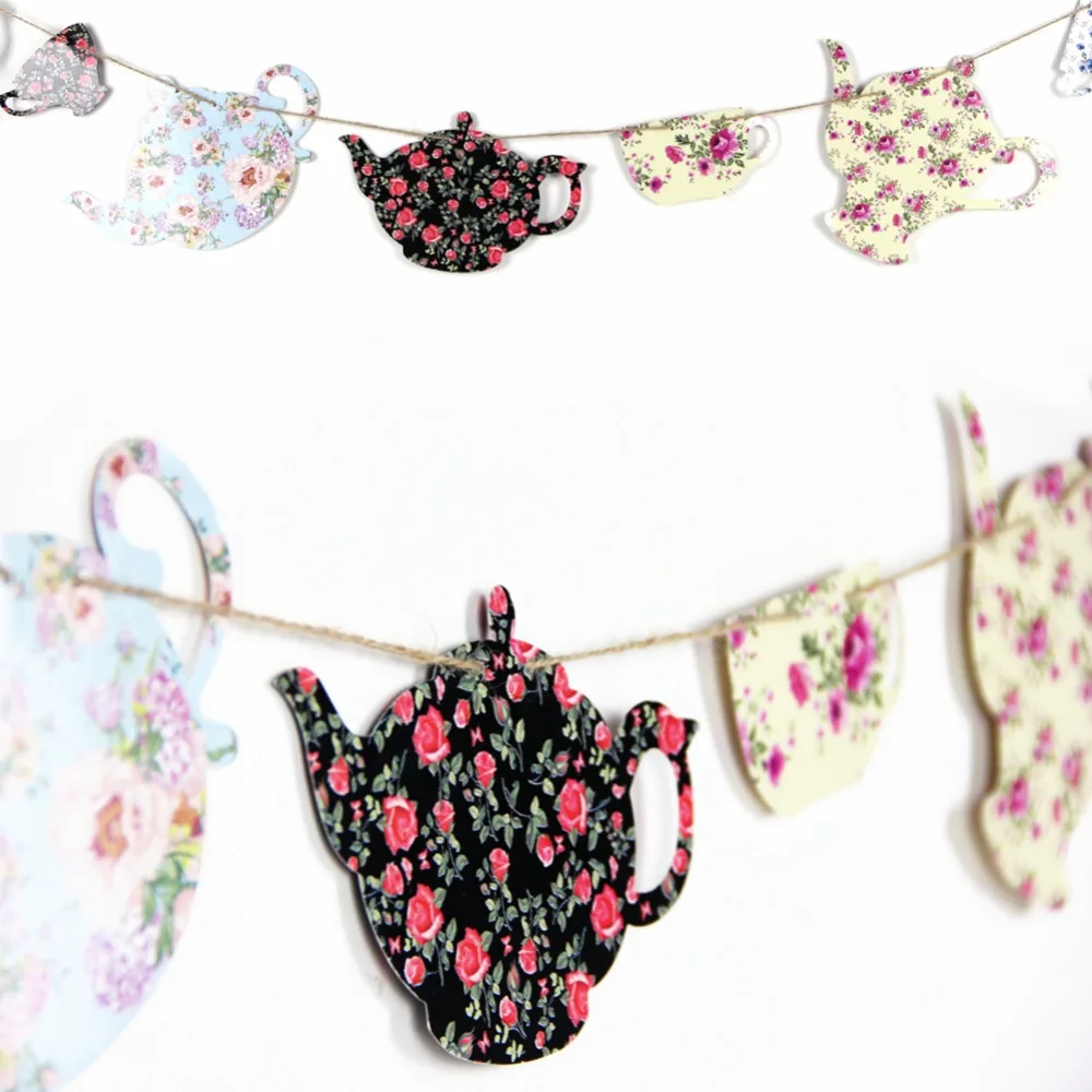 Vintage Floral Tea Pot & Tea Cup Paper Banner Garl...
