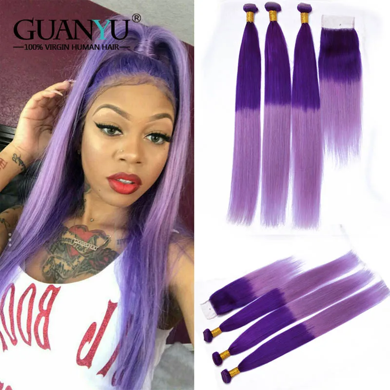 Guanyuhair Ombre # фиолетовый/светло фиолетовый 3 Связки с 4x4 синтетическое закрытие