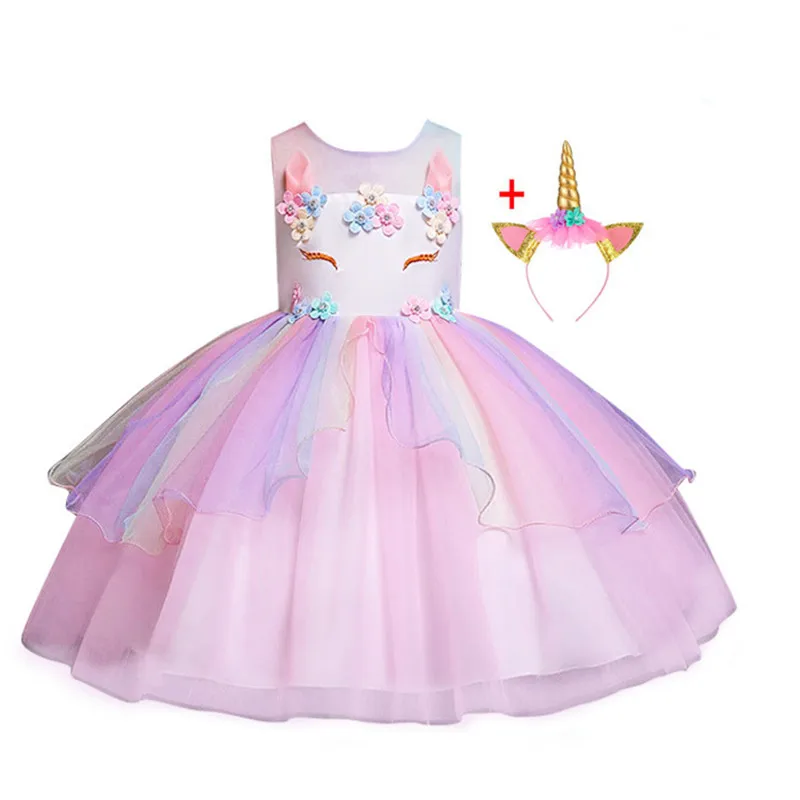 2020 Girl Unicorn Flower Dress Kids Birthday Party Cosplay Costume Toddler Pageant Princess Dresses Tulle Tutu Rainbow Costumes | Детская