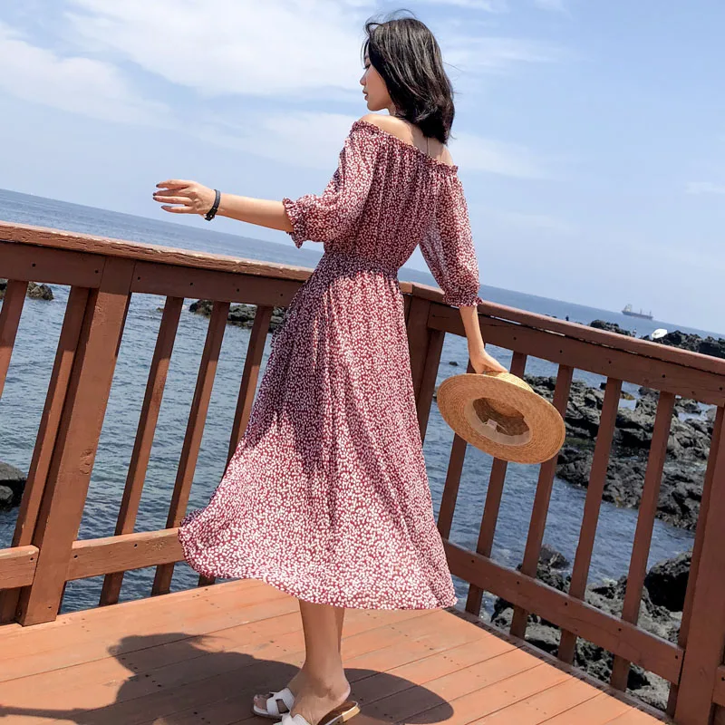 

Summer Print Women Beach Dress Pink Long Elegant Lady Vacation Tropical Midi Sundress Female Vintage Casual Korean Vestido Retro