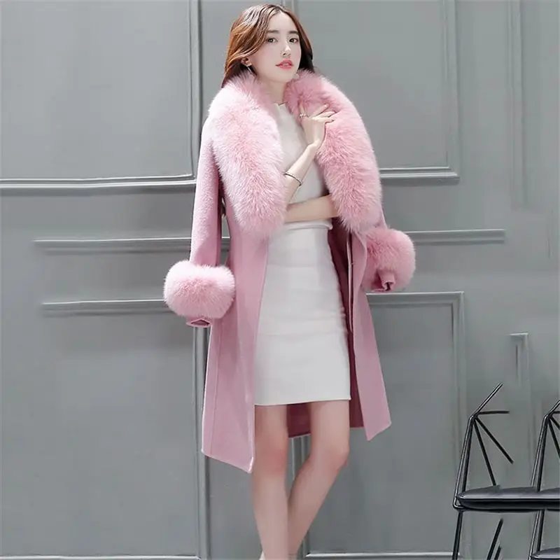 Новые модные зимние кашемировые тонкие длинные Для женщин шерстяные пальто женский искусственный Лисий меховой воротник с поясом теплые Смеси куртки B62 - Цвет: Розовый