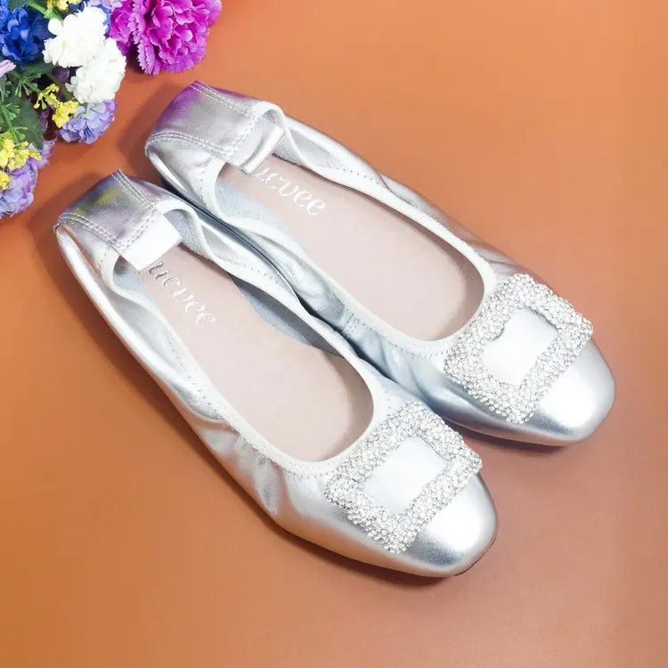Handmade 100% Genuine Leather Women Shoes Simple style Footwear Women soft Cowhide Loafer Crystal Buckle Lady  Ballet Flat Shoes (5)