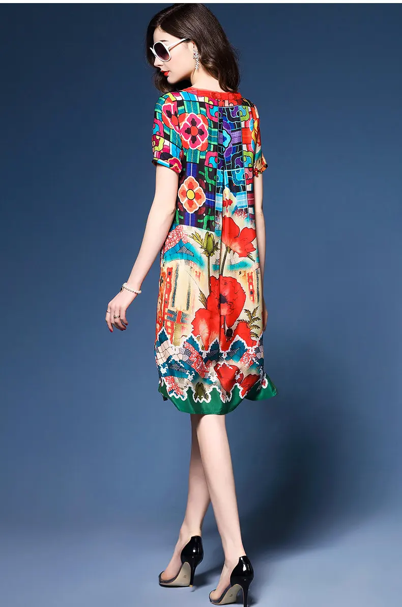 Весна-осень женское платье Большие размеры Модные свободные печатных шелковые платья кнопку один ряд с короткими рукавами и круглым воротником длинное платье