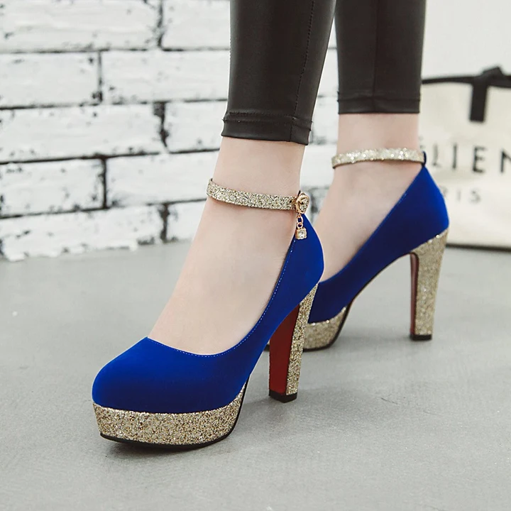 Весенне-осенняя женская обувь; туфли-лодочки mary jane на платформе, расшитые блестками; туфли для вечеринок на высоком квадратном каблуке с пряжкой; цвет синий, черный, красный - Цвет: Синий