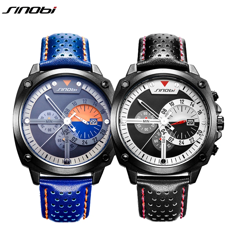 

SINOBI Luxury Men Sport Watches Fashion Chronograph Military Waterproof Clock Leather Quartz Male Wristwatches Relogio Masculino