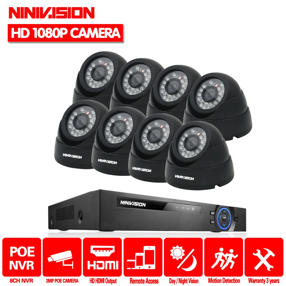 

NINIVISION 8CH 1080P POE NVR kit 2MP 3000TVL PoE IP Camera P2P Cloud CCTV System IR indoor Night Vision Video Surveillance Kit