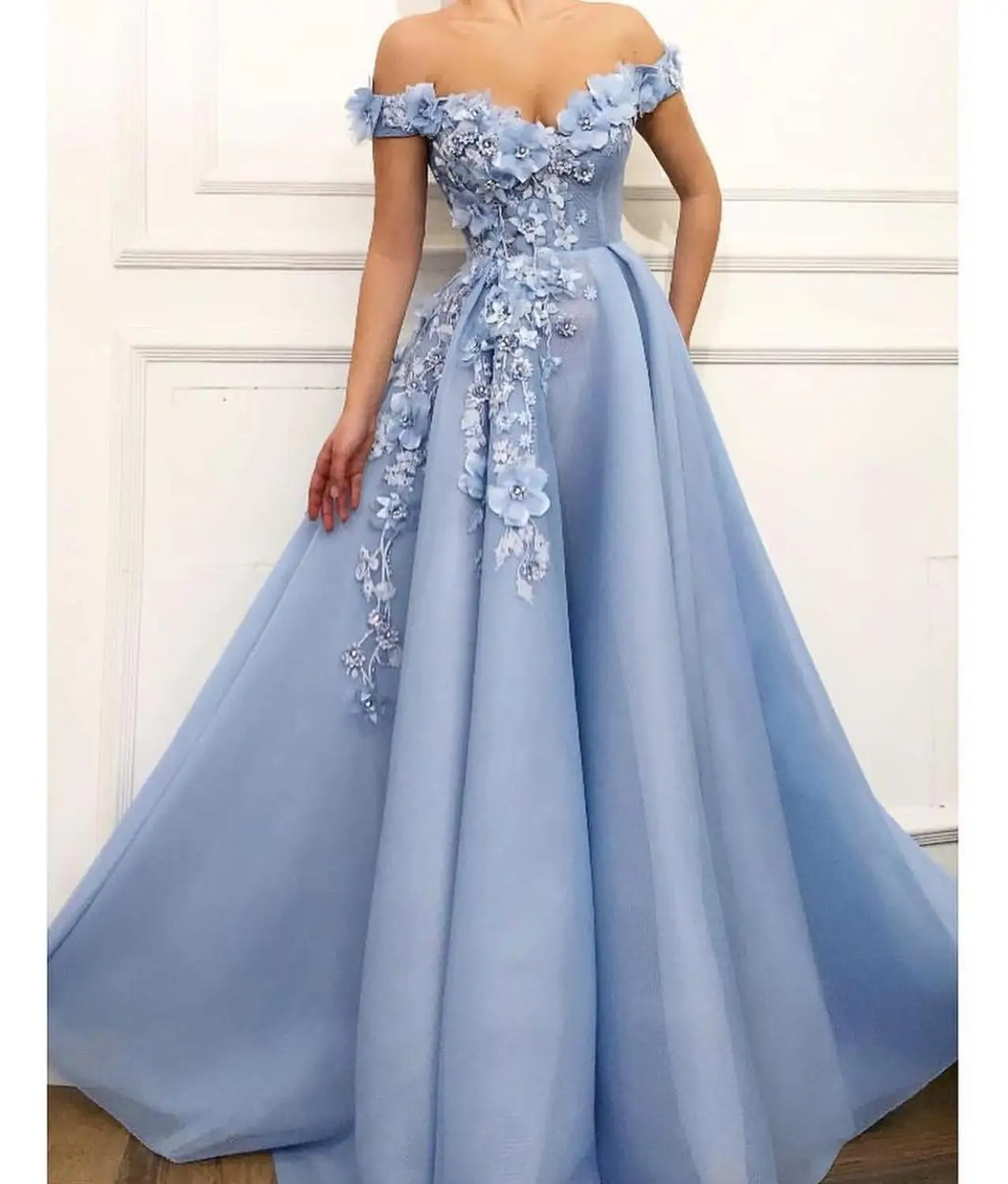 Tulle A Line off Shoulder Evening Dress Beaded Flowers Sky Blue Party Gown Prom Dress Vestido De Festa Long Dress