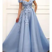 Tulle A Line off Shoulder Evening Dress Beaded Flowers Sky Blue Party Gown Prom Dress Vestido De Festa Long Dress