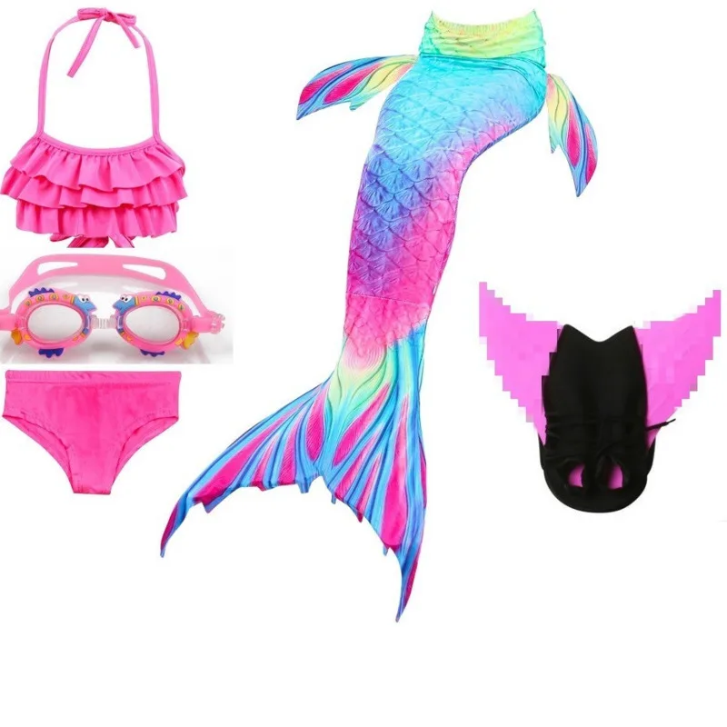 Kids Colorful Mermaid Princess Bikini Swimsuit Set 4pcs Girls Mermaid Tail Swimming Monofin