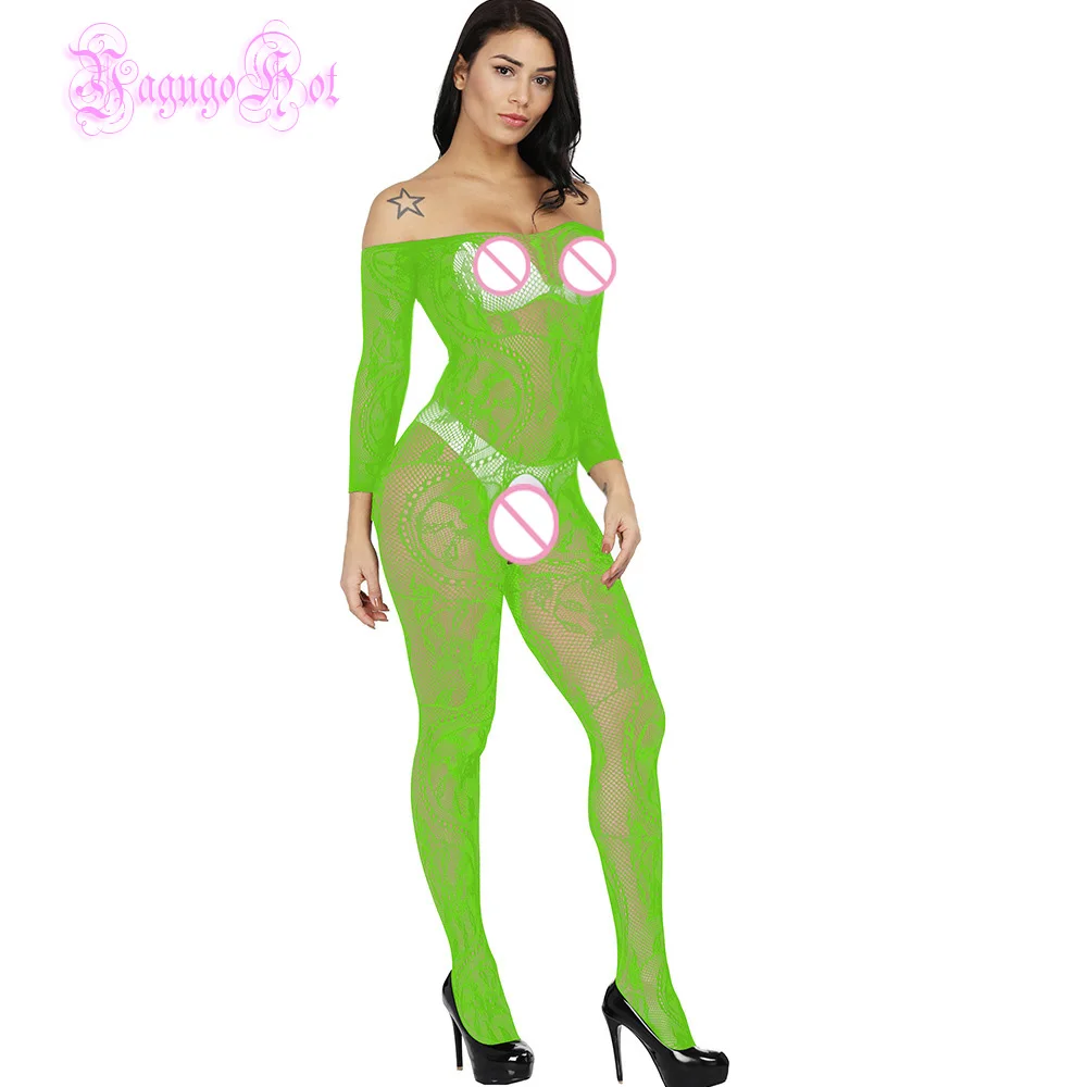 Sexy Fishnet Sheer Crotchless Swirly Lace Teddy Floral Long Sleeved Bodystocking Lingerie Intimates Babydoll Bodysuit Catsuit - Цвет: Green