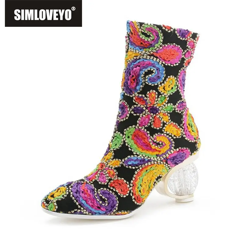 

SIMLOVEYO Bohemian national style Transparent Strange high heels women boots ladies wedding shoes spring autumn size 44