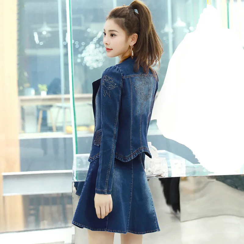 Blue Slim Printemps Nouvelle Pièces Dark 2019 Denim Tempérament Femmes girl Jia66 Automne Ensembles Mode Blue Jupe Deux light Manteau Cow qYHgFtq