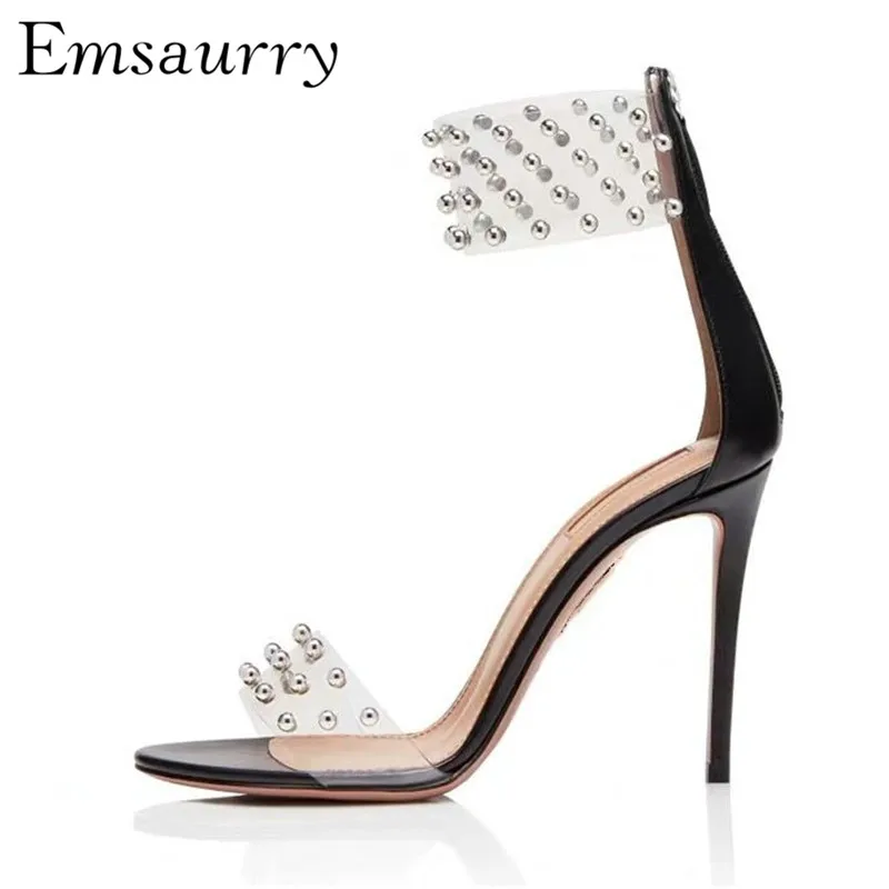 

Sexy PVC Transparent Gladiator Sandals Women One-strap Open Toes Back Zip Thin High Heels Rivet Decor Party Sandalias