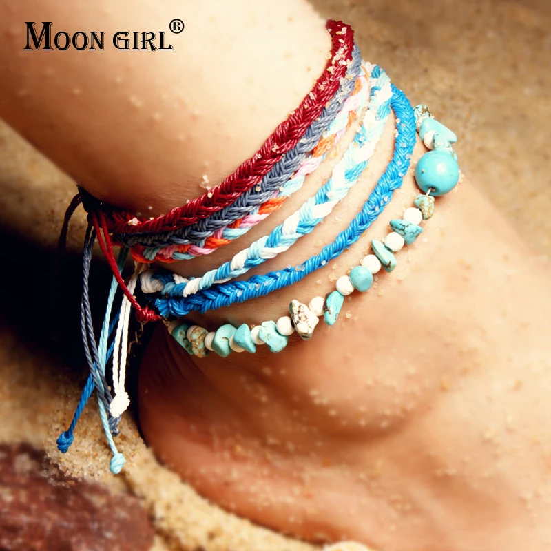 

MOON GIRL New Design Fashion Natural Stone Charms Anklets Bracelets Set for Women Handmade String Boho Leg Bracelet Foot Jewelry