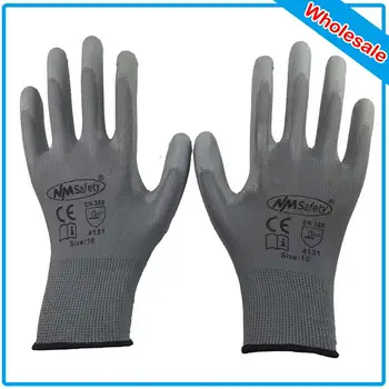 

NMSAFETY Fast Shipping Wholesale 120 Pairs Lightness Comfortable Grey Polyester Work Glove Cheap PU Working Safety Gloves