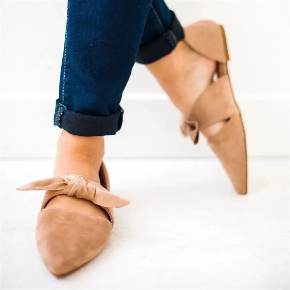 

Puimentiua Summer Flats Women Sandals Bowtie Leather Low Heels Slip On Footwear Female Pointed Toe Flat Heels zapatos de mujer