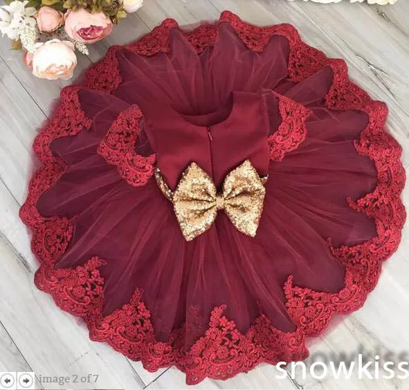 Cute cute red tulle kids girl wedding dress Crew neck short sleeve appliques gold sequin sashes bow knot flower dress for party Cute cute red tulle kids girl wedding dress Crew neck short sleeve appliques gold sequin sashes bow knot flower dress for party