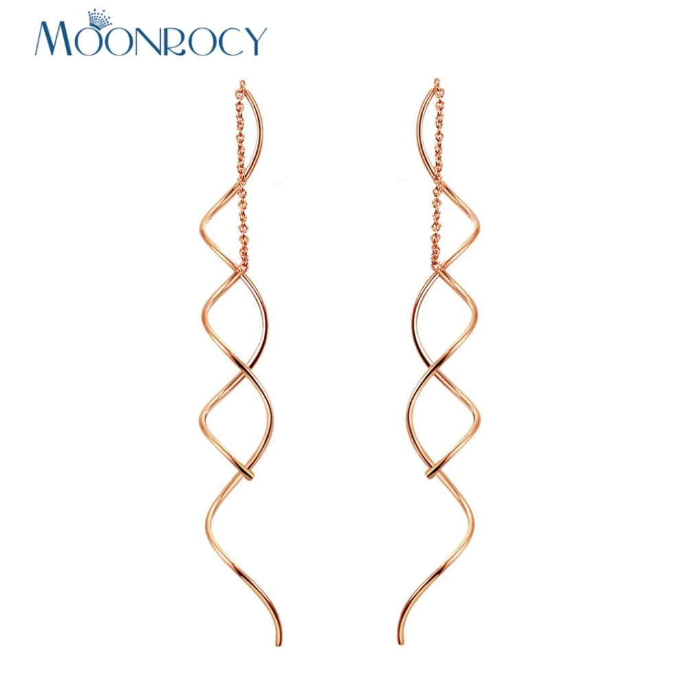 

MOONROCY Drop Shipping Rose Gold Color Silver Color Long Fairshaped Spiral Glossy Earrings Jewelry for Women Girls Gift