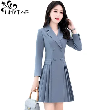

UHYTGF Elegant Women Wool Coat New Fashion Pleated Skirt Style Long Outerwear Double-breasted Slim Ladies Woolen Coat Winter 912