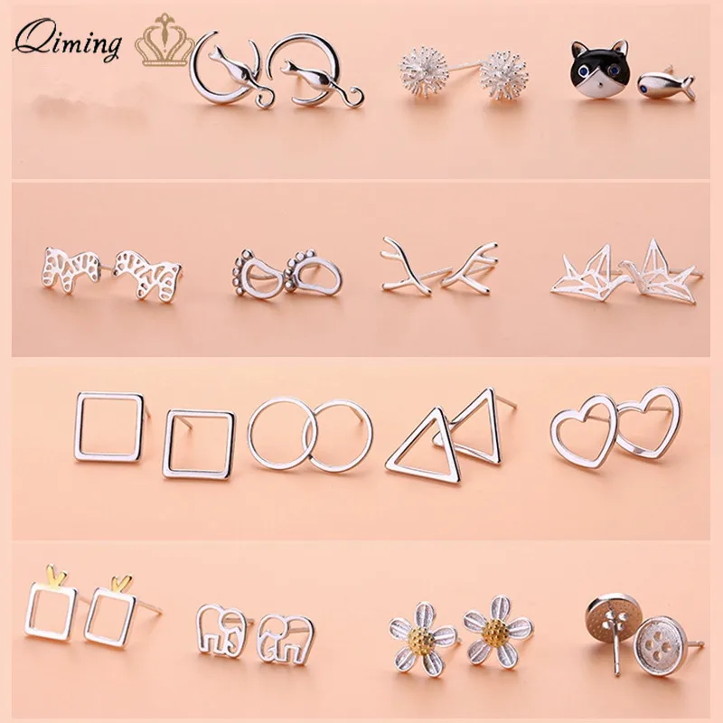 

QIMING Woman Stud Geometric Earrings Women Girls Foot Cat Fish Flower Triangle Small Silver Earrings Baby Gift Jewelry