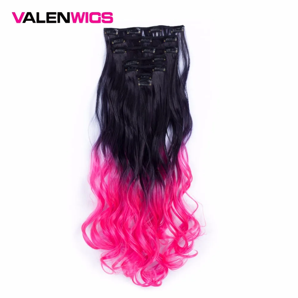 

Valen Wigs Ombre Color 55cm 7pcs/set 22" Heat Resistant Synthetic Clip Ins Hairpieces Wavy Synthetic Wig Clip On Hair Extensions