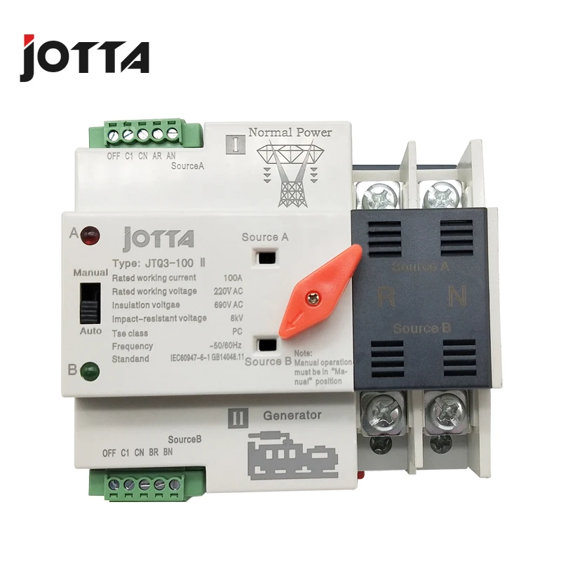 Jotta W2R-2P 220V Mini ATS Automatic Transfer Switch 100A 2P Electrical Selector Switches Dual Power Switch Din Rail Type