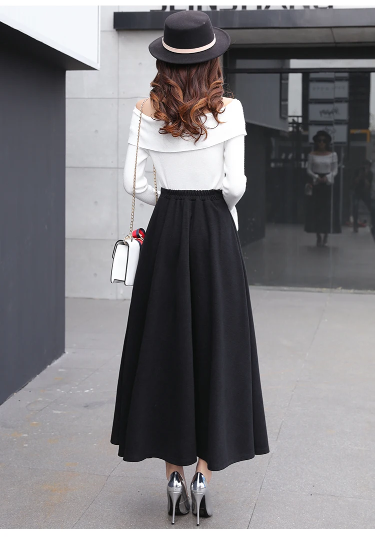 Шерстяные женские юбки с высокой талией, зима, модная шерстяная длинная Плиссированная юбка с поясом, повседневная женская черная длинная юбка