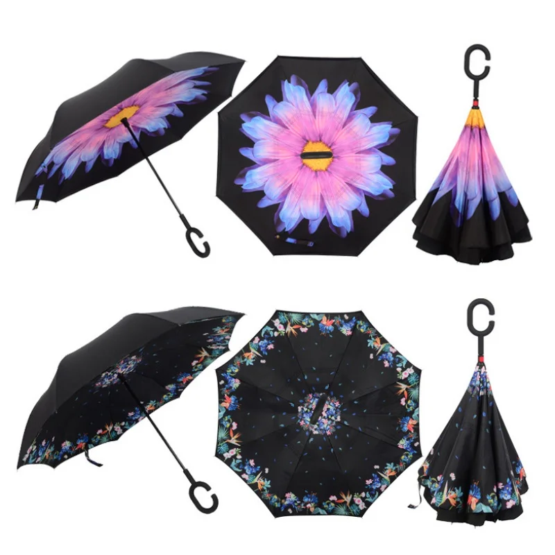 

Self Stand Protection Windproof Umbrellas Folding Double Layer Inverted Chuva Umbrella C-Hook Hands Ship From Us