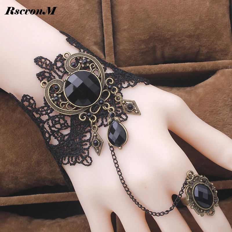 

RscvonM Women Heart shape Rinestone Vintage black lace bracelets gothic jewelry Gothic Black Sexy Lace Bracelet For Women