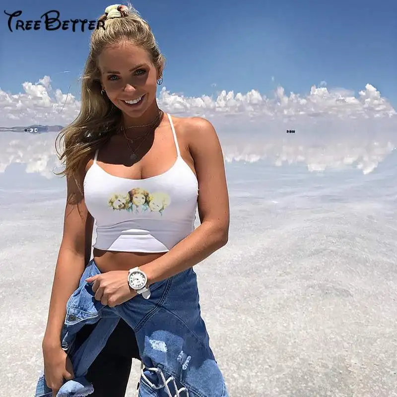 

Halter Fashion Angel Print Sexy Camis 2019 Spring Women Fashion Bodycon Backless Streetwear Party Crop Tops