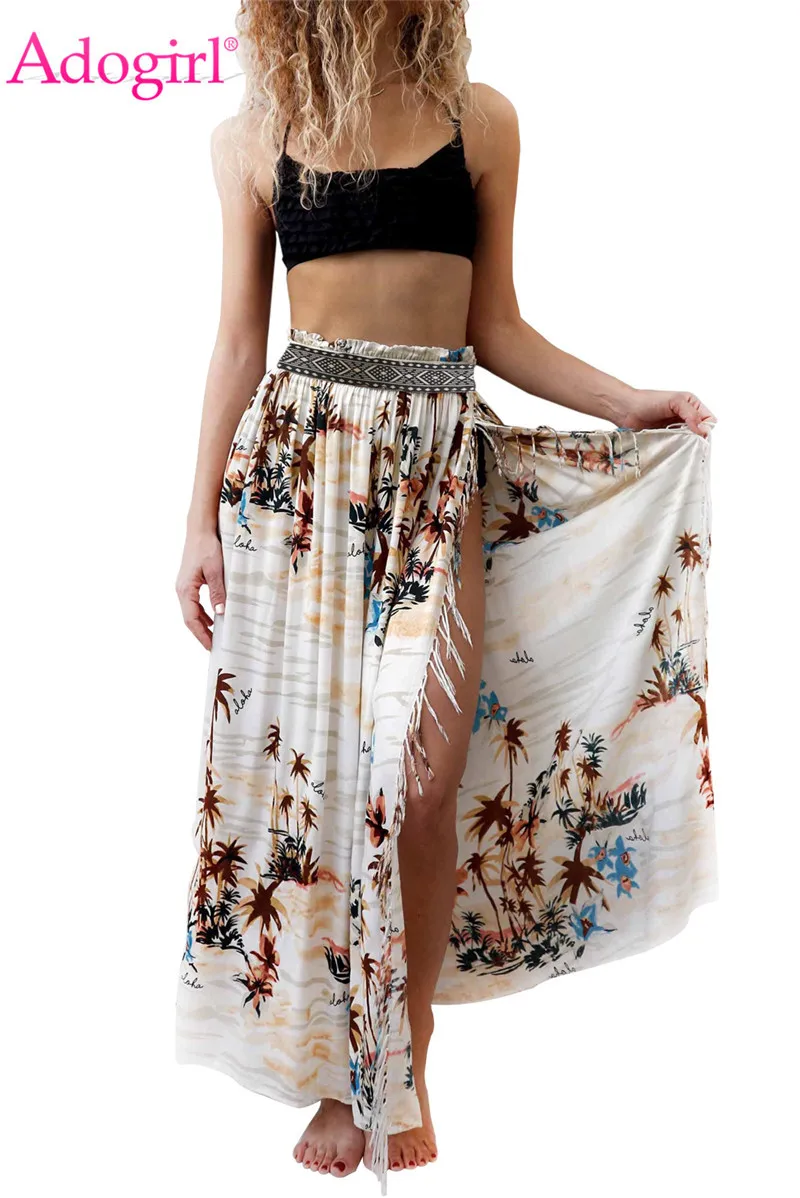Adogirl Palm Tree Print Women Maxi Skirt Side High Slit Tassel 2019