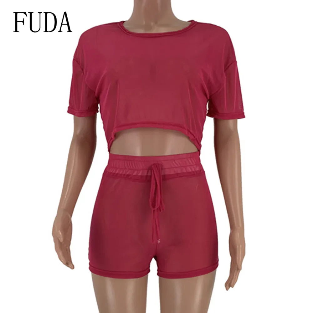 FUDA Fashion Two Pieces Sets Short Sleeve O Neck Top and Lace-up Pants Sexy See Through Casual Playsuits Women Summer Mono Mujer FUDA Fashion Two Pieces Sets Short Sleeve O Neck Top and Lace-up Pants Sexy See Through Casual Playsuits Women Summer Mono Mujer