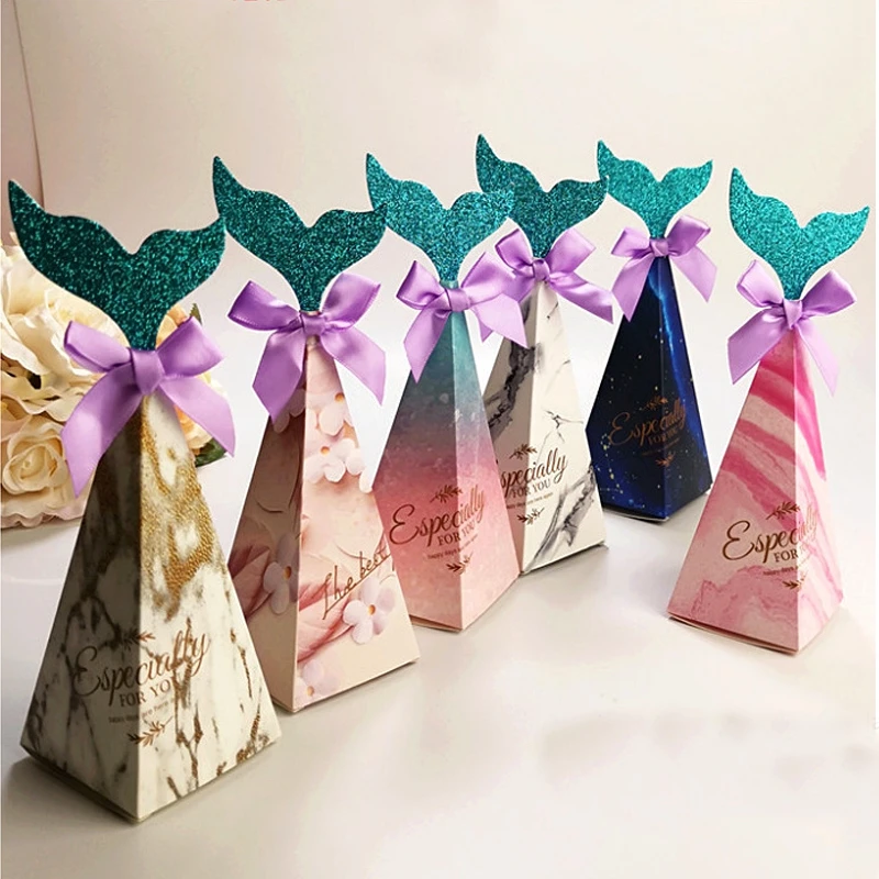 

10pcs New style mermaid candy box Supplies Kids birthday or wedding party beautiful bow shell sticker gifts candy box