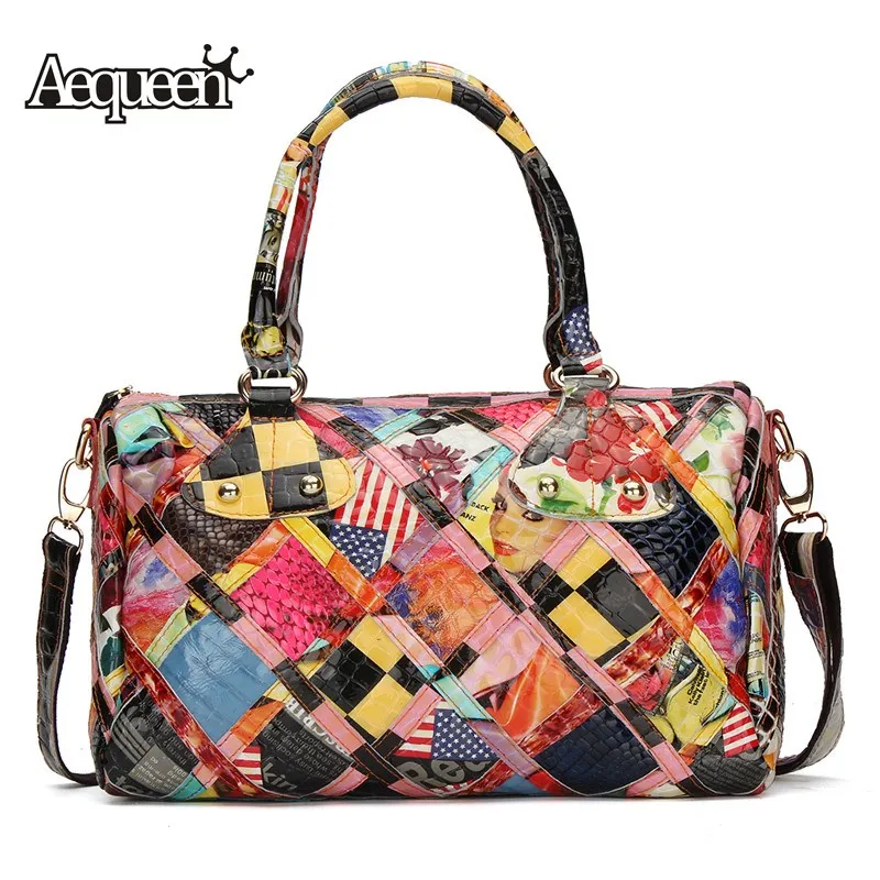 

AEQUEEN Genuine Leather Boston Bag Totes Women Handbags Patchwork Diamond Shoulder Crossbody Bags Messenger Bag Ramdon Color