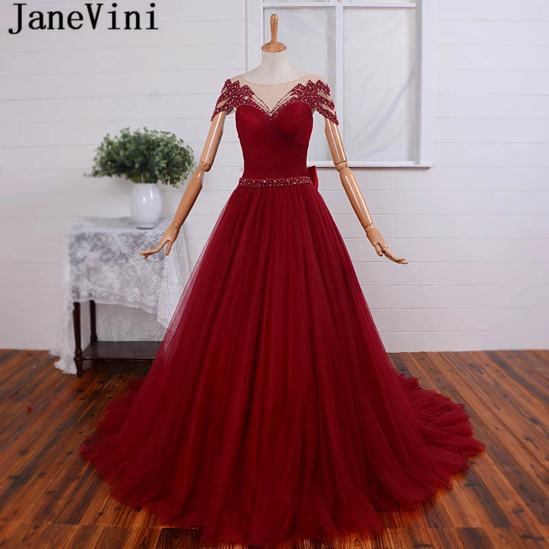 JaneVini Luxe Kristal Parels Lange Bourgondië Avondjurken Hals Kapmouwtjes Grote Boog Terug EEN Lijn Tule Jurk Abito lungo JaneVini Luxe Kristal Parels Lange Bourgondië Avondjurken Hals Kapmouwtjes Grote Boog Terug EEN Lijn Tule Jurk Abito lungo