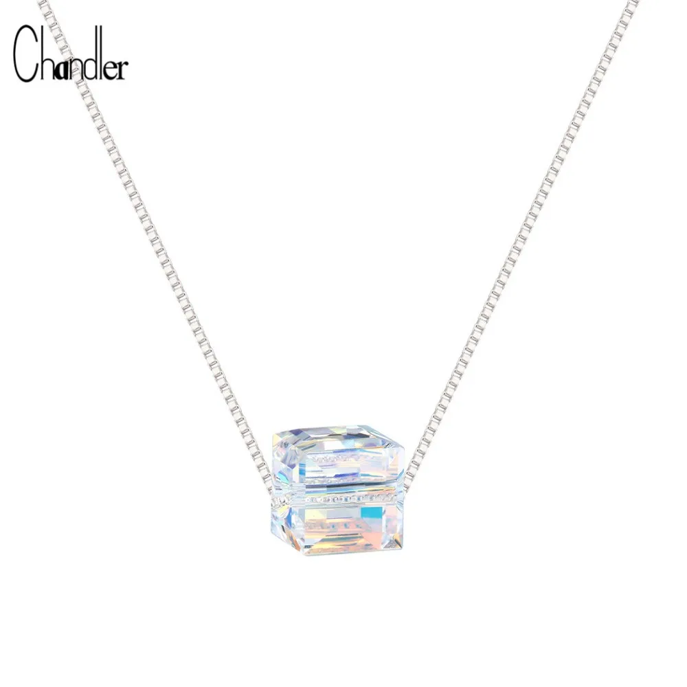 

925 Sterling Silver Clear Square Beads Cube Austria Crystal Elements Pendants Necklace Women Jewelry Fashion Chain Female Gift
