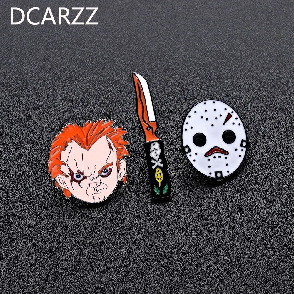 

Child's Play Chucky Face and Knife Enamel Pins Friday the 13th Jason Mask Enamel Brooch Horror Movie Jewelry Wholesale